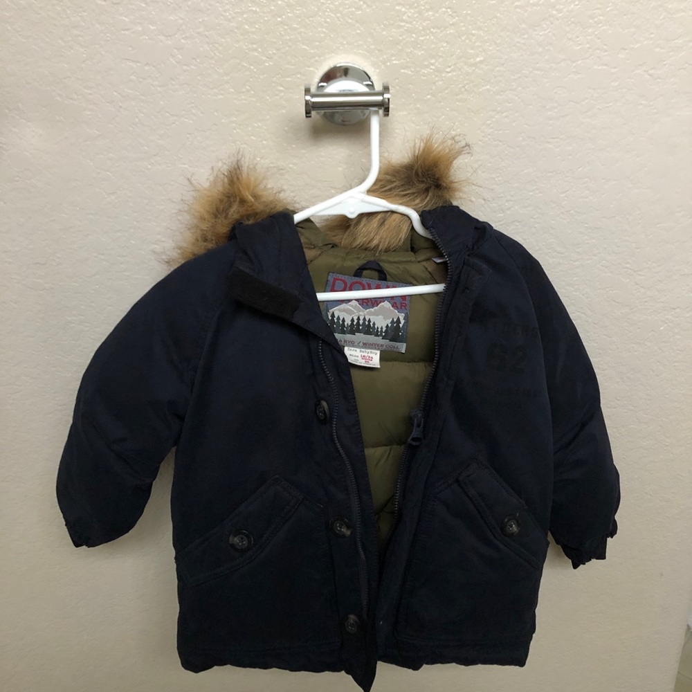 Toddler down navy coat with fur hood